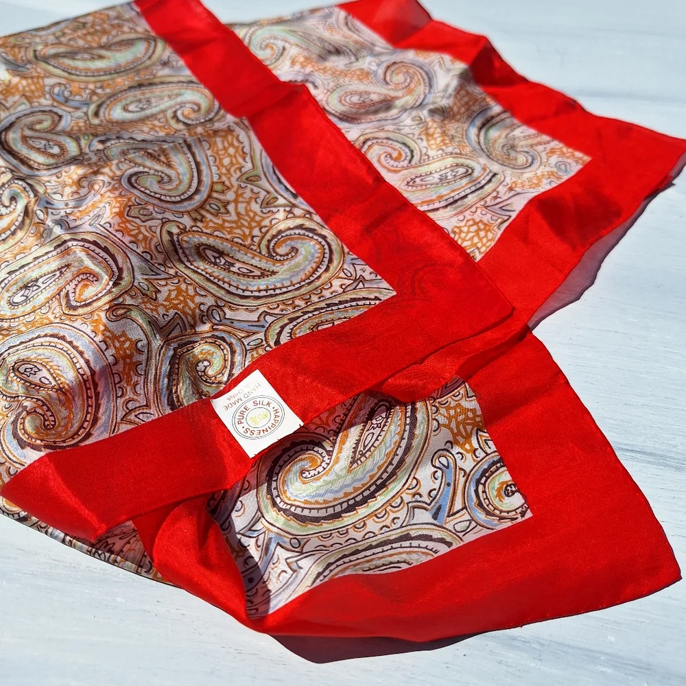 Vintage Silk Scarf Paisley Print Square Shaped Handmade Real Pure Silk Pretty - Picture 3 of 17